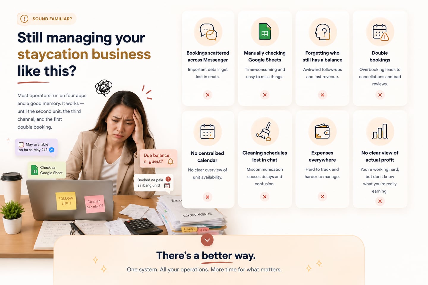 Still managing your staycation business like this? Bookings scattered across Messenger, manually checking Google Sheets, forgetting who still has a balance, double bookings, no centralised calendar, cleaning schedules lost in chat, expenses everywhere, and no clear view of actual profit. There is a better way — one system, all your operations, more time for what matters.